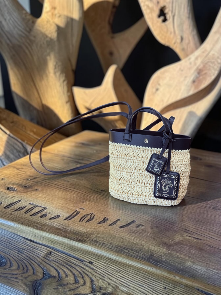 Soleil Sauvage Mini Crochet & Leather Bag Siyah Düz Deri / Hasır Örgü