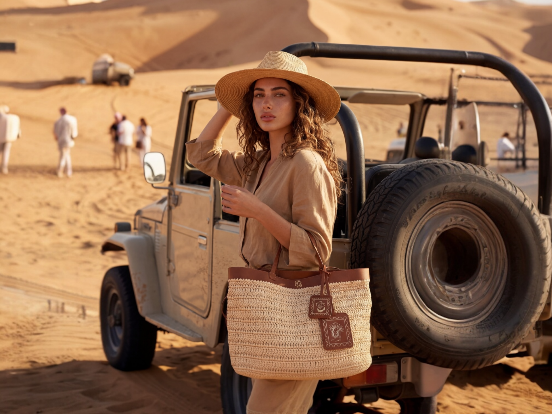 Soleil Sauvage Medium Crochet & Leather Bag Taba Düz Deri / Hasır Örgü