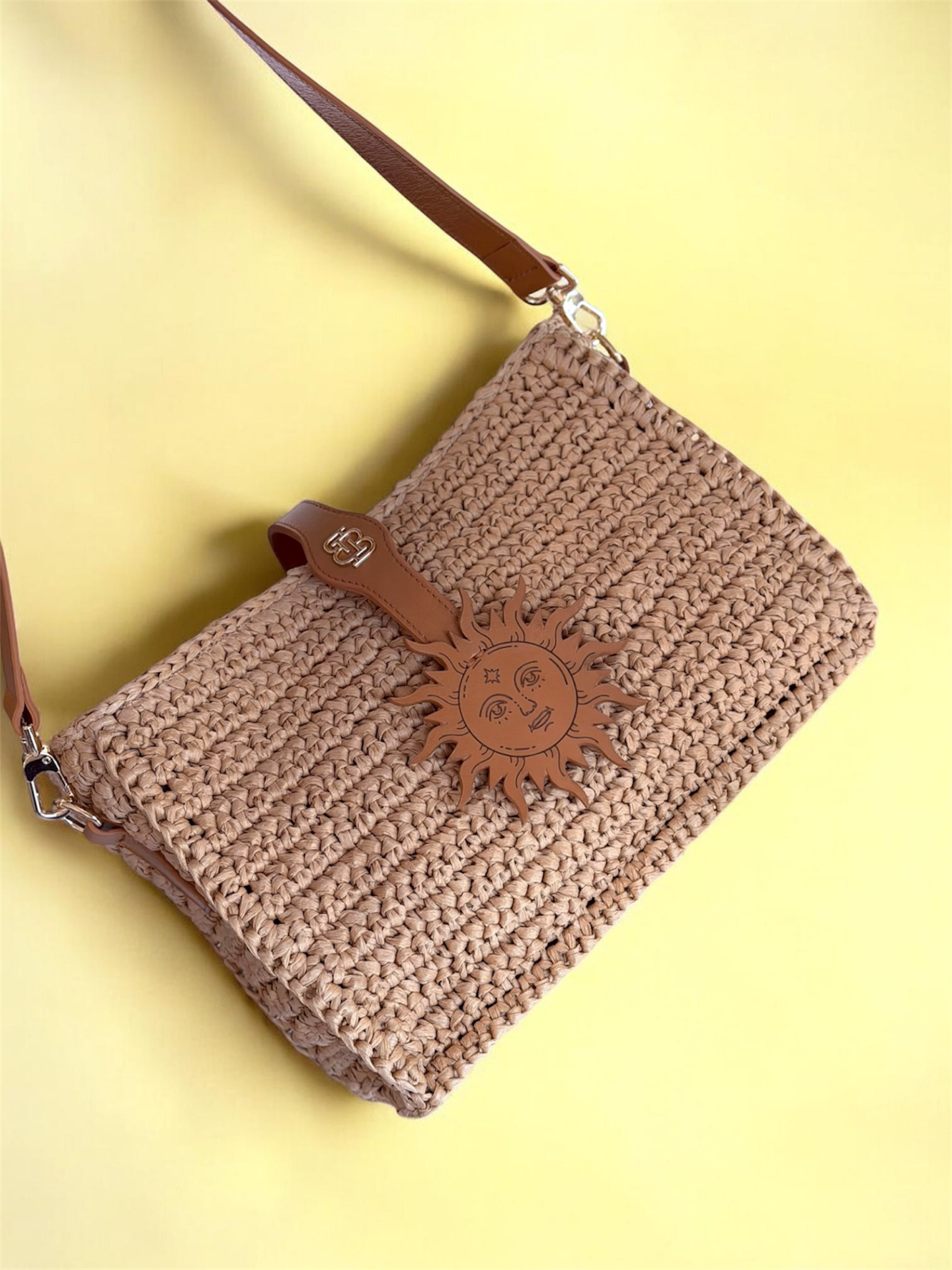 The Golden Sun Crochet & Leather Bag Taba Düz Deri