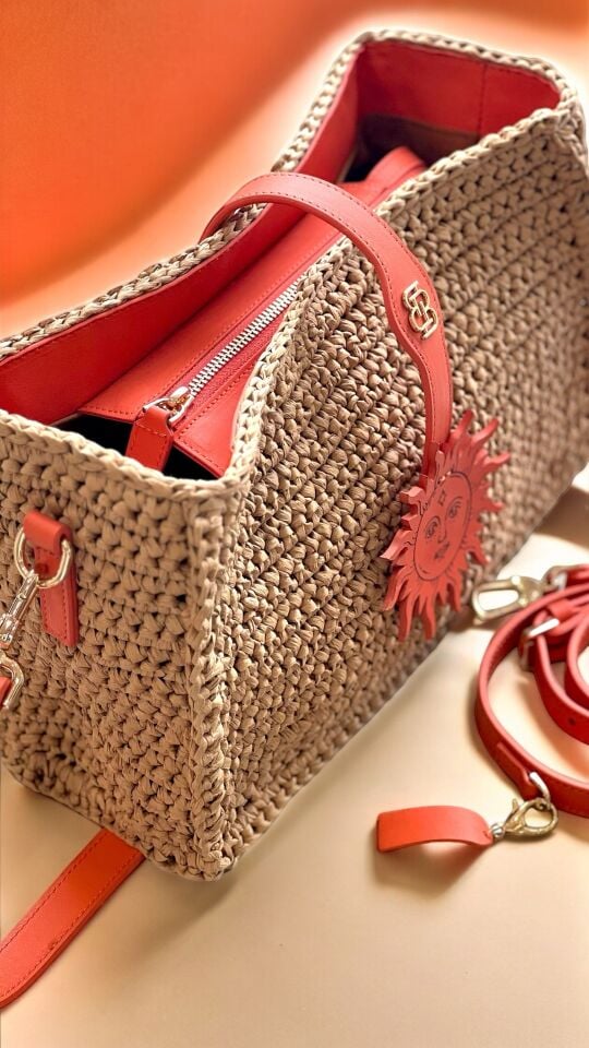The Golden Sun Crochet & Leather Bag Turuncu Düz Deri