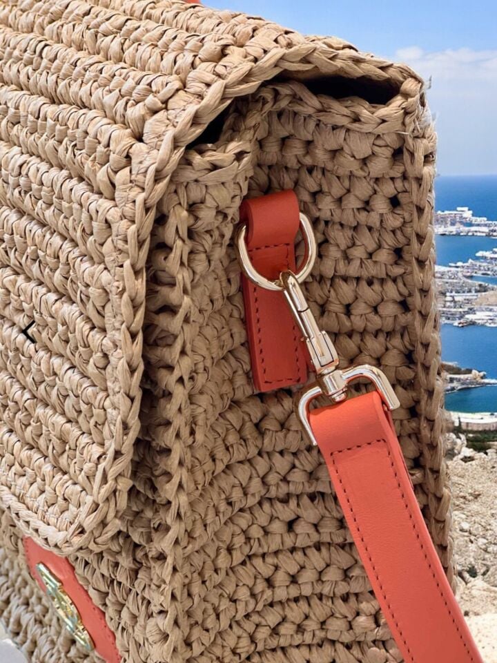 Sun Therapy Crochet & Leather Shoulder Bag Turuncu Düz Deri