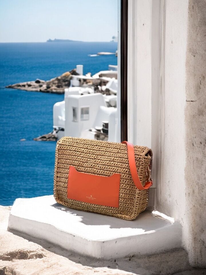 Sun Therapy Crochet & Leather Shoulder Bag Turuncu Düz Deri