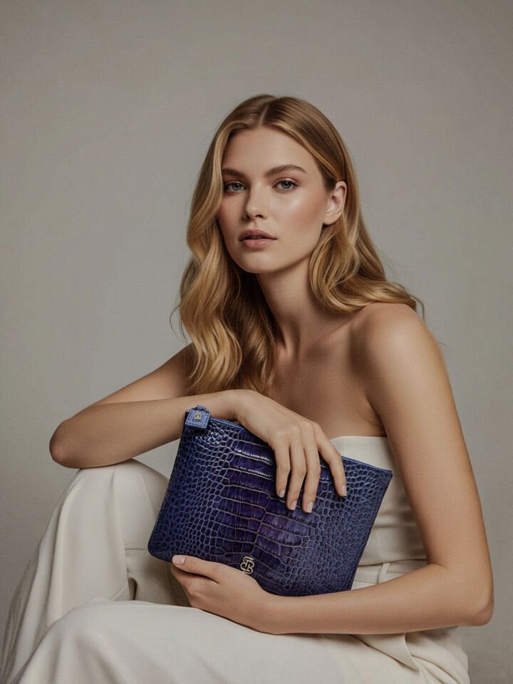 Marylebone Clutch Lacivert Krokodil Desenli Deri