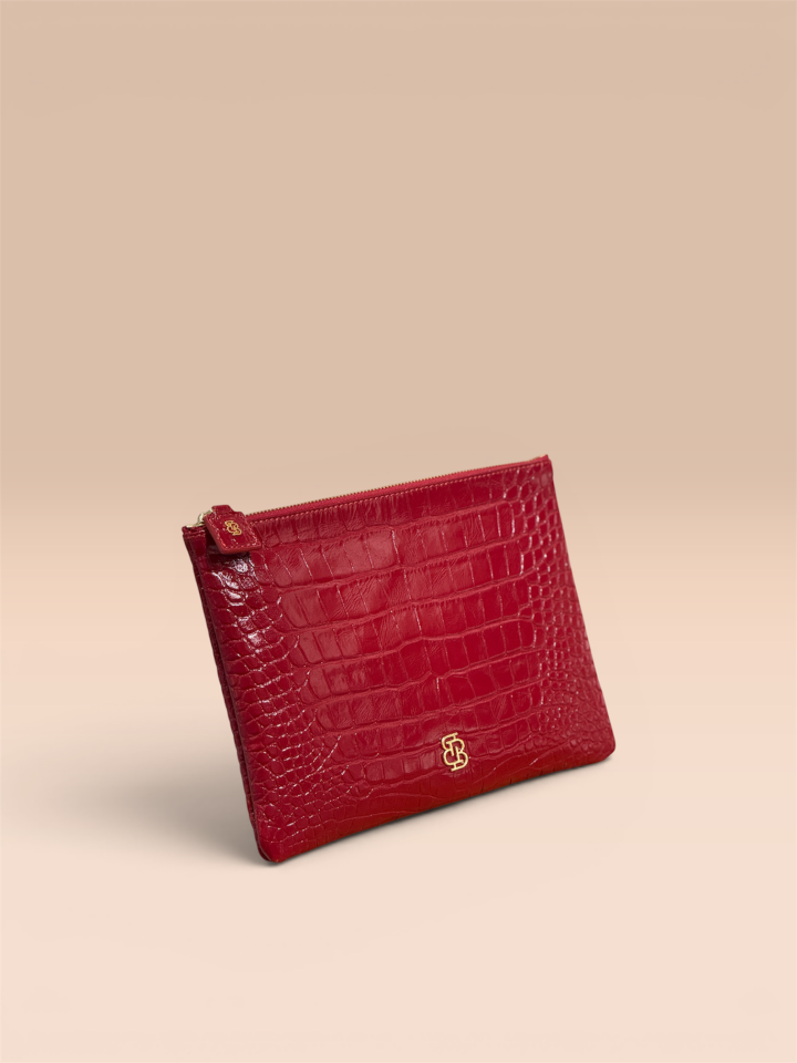 Marylebone Clutch Kırmızı Krokodil Desenli Deri