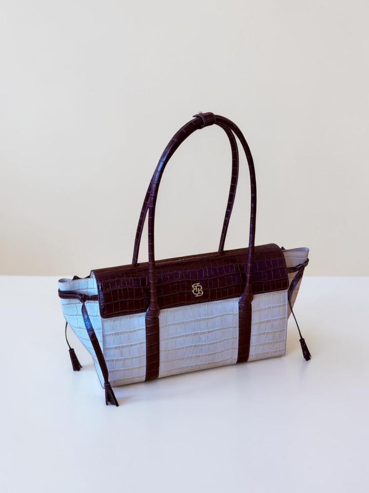 Seniha Heritage Tote Bag Bej/Çikolata Kahve Krokodil Desenli Deri