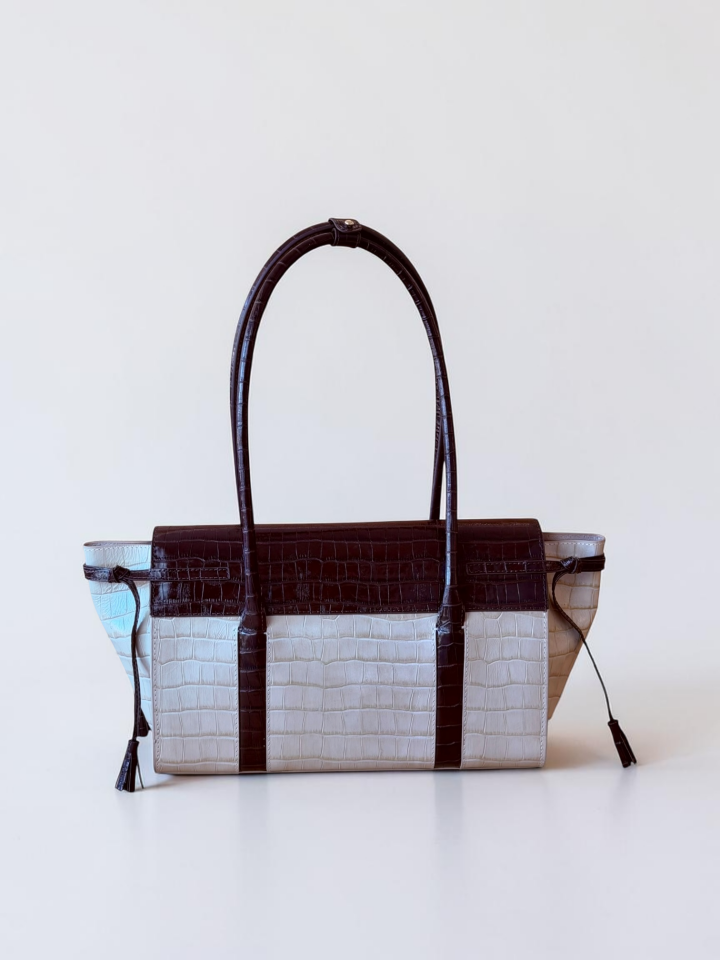 Seniha Heritage Tote Bag Bej/Çikolata Kahve Krokodil Desenli Deri