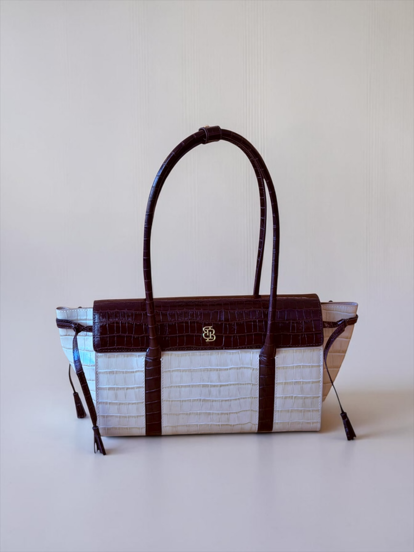 Seniha Heritage Tote Bag Bej/Çikolata Kahve Krokodil Desenli Deri