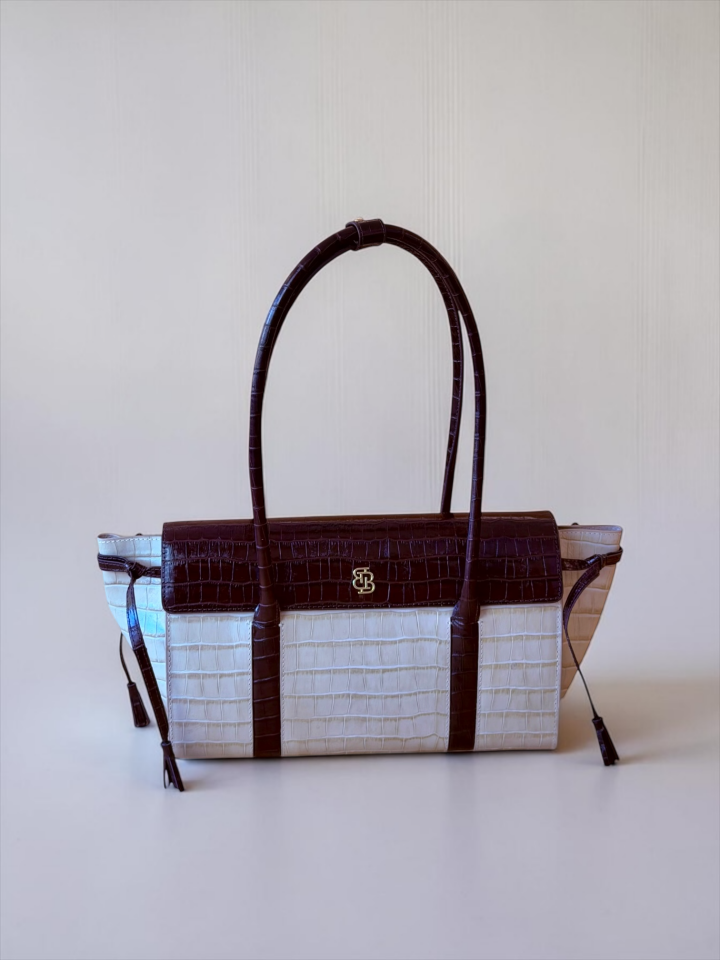 Seniha Heritage Tote Bag Bej/Çikolata Kahve Krokodil Desenli Deri