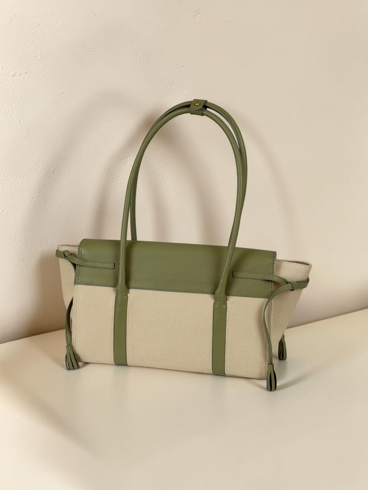 Seniha Heritage Tote Bag Bej Kanvas/Pastel Yeşil Floater Deri