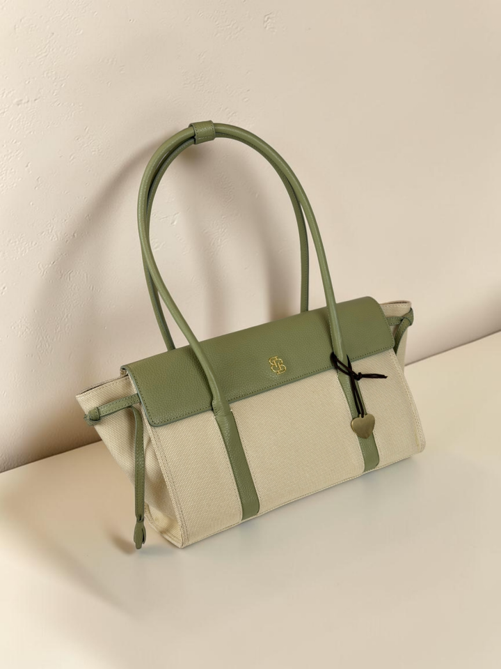 Seniha Heritage Tote Bag Bej Kanvas/Pastel Yeşil Floater Deri