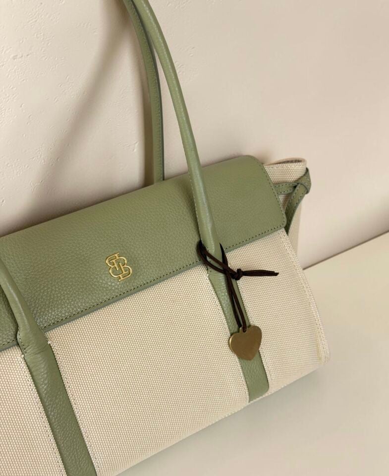 Seniha Heritage Tote Bag Bej Kanvas/Pastel Yeşil Floater Deri