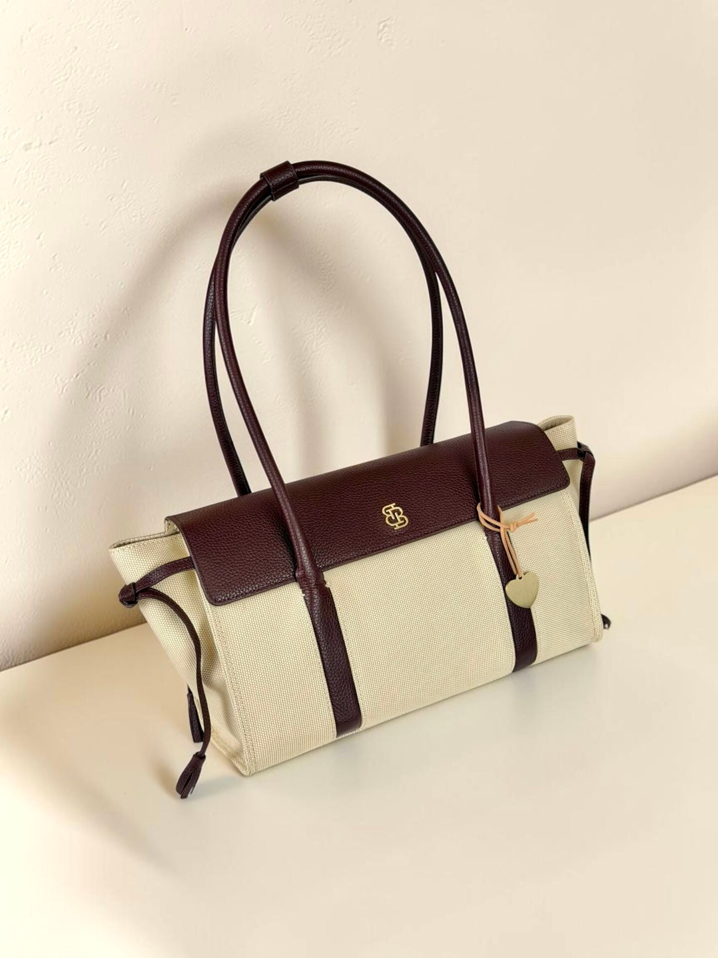 Seniha Heritage Tote Bag Bej Kanvas/Bordo Floater Deri