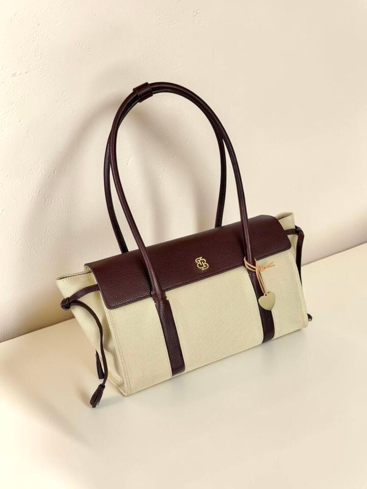 Seniha Heritage Tote Bag Bej Kanvas/Bordo Floater Deri