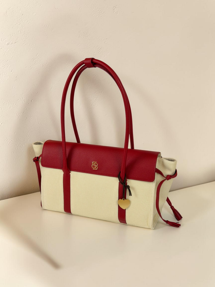 Seniha Heritage Tote Bag Kırmızı Floater Deri/Bej Kanvas