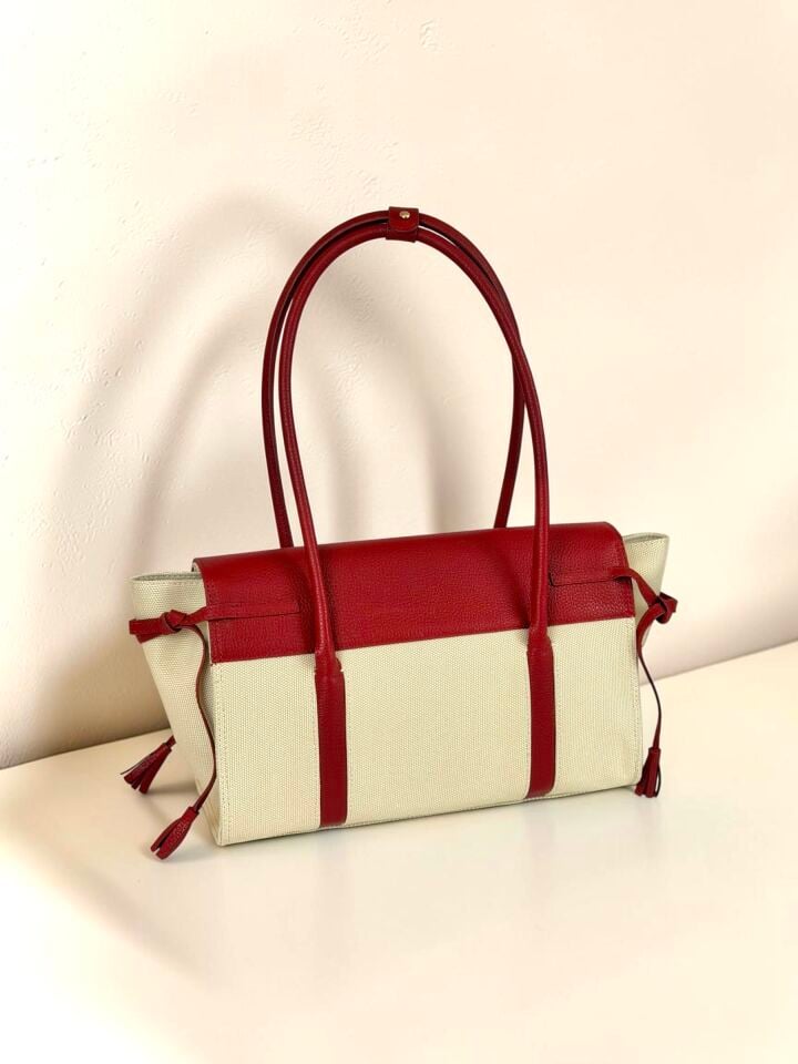 Seniha Heritage Tote Bag Kırmızı Floater Deri/Bej Kanvas