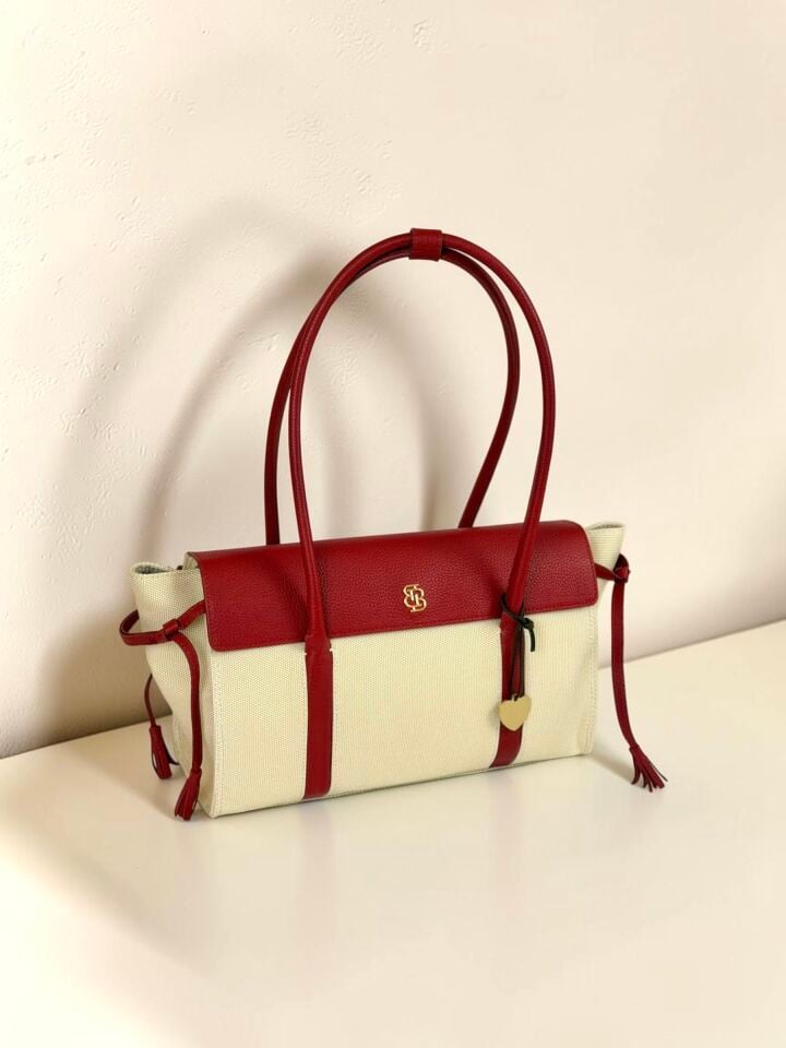 Seniha Heritage Tote Bag Kırmızı Floater Deri/Bej Kanvas